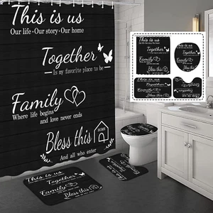 4Pcs Family Shower Curtain Sets with Non-Slip Rugs, Toilet Lid Cover and Bath Ma - Picture 1 of 7