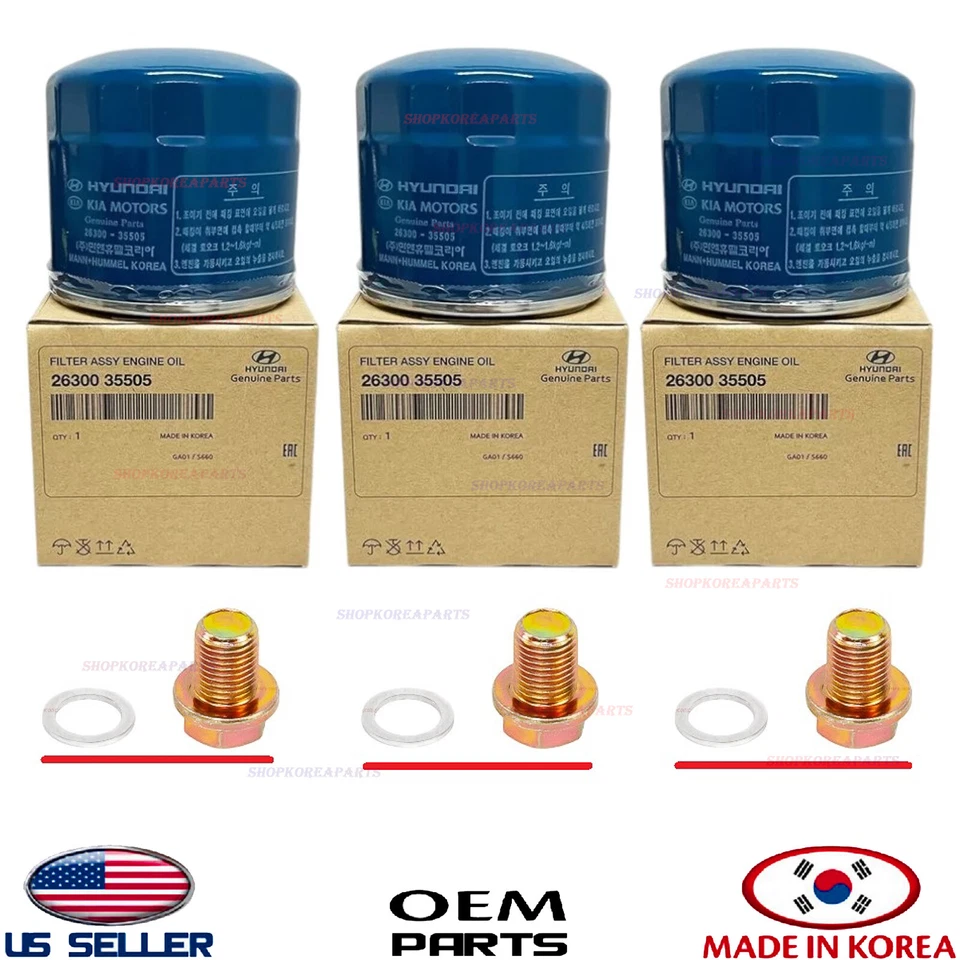 Genuine Oil Filter 3pcs with Drain Plug & Washer OEM Hyundai Kia Genesis - Изображение 1 из 1