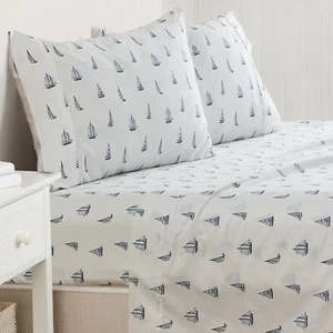 Blue White Sailboats Nautical Summer Fun 4 pc Sheet Set Twin Full Queen King Bed - Picture 1 of 3