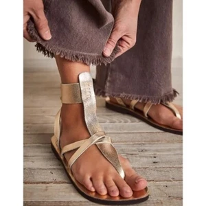 Free People Sandals 36 Leather SHOES Vacation Day Wrap Antique Gold - Picture 1 of 22