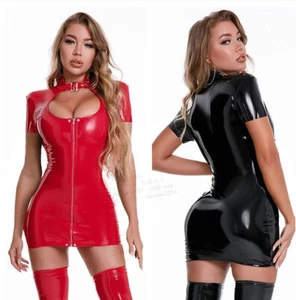 Brillante Mini Vestido Corto de Fiesta Club Ropa Sexy para Mujer Aspecto Húmedo PVC Cuero Bodycon - Imagen 1 de 10
