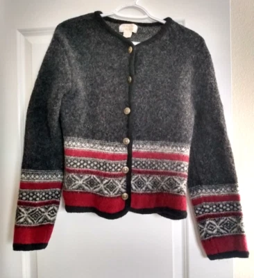 Vtg Tally Ho Women's Off-Black Gray Dark Red Wool Cardigan Sweater L Cottagecore - Image 1 of 4