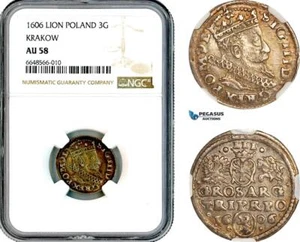 A10-446, Poland, Sigismund III, 3 Groschen (Trojak) 1606 (Lion), NGC AU58, Top - Picture 1 of 1