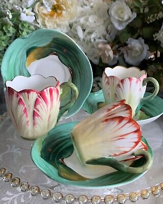 Antique Minton Tulip Embossed Teacups & Saucers (Majolica) X Three HAIRLINES • 67.44£