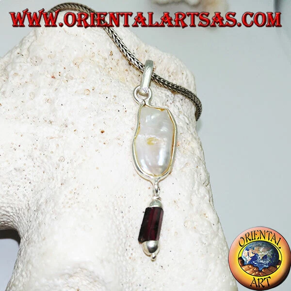 Ciondolo in Argento 925‰ con perla scaramazza e pendente a prisma di granato - Immagine 1 di 1