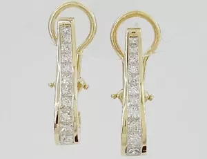 Princess Diamond Channel Set Omega Hoop Earrings 1.2 ct 14K Yellow Gold - Picture 1 of 7