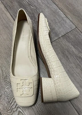 $348 Tory Burch Georgia Ivory Croc Embossed Square Toe 25mm Block Heel Pumps 9M - Image 1 of 4