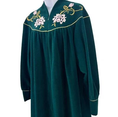 Vintage Womens House Coat Gown Vanity Fair Size L Green Floral Embroidered - Image 1 of 4