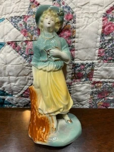 Porcelain Blonde Lady & Tree Stump Figurine Mint green Gloss Gold Trim 8-1/2t - Picture 1 of 12