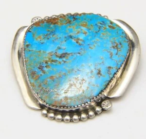 Vintage Large Turquoise Stone Sterling Silver Brooch Signed BE Zuni Southwestern - Picture 1 of 5