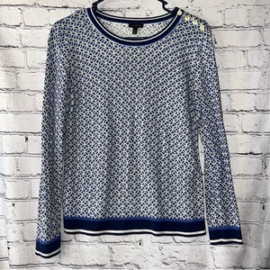 Talbots Long Sleeve Lightweight Navy Blue Print Sweater with Gold Button Detail - Picture 1 of 5
