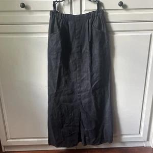 FLAX 100% Black Linen Skirt Maxi Lagenlook Pockets Front Slit Elastic Waist Sz L - Picture 1 of 10
