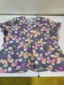 Scrub Top size 2X Gray Multi Butterflies, Peace Signs SB Scrubs   Medical Dental - Picture 1 of 5