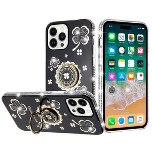 Per iPhone 13 Pro Max 6,7 pollici custodia cristallo borchiato anello girevole supporto Bling - Foto 1 di 24