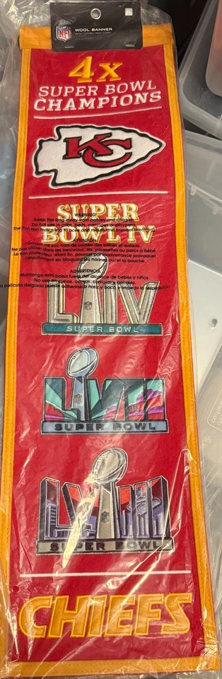 Kansas City Chiefs NFL 4X Super Bowl Champions Banner Embroidered Wool 8" X 32" - Image 1 of 1