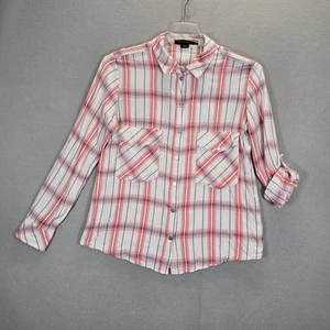 Sanctuary Boyfriend Shirt Plaid Medium Snap Up White Red Check Women - Picture 1 of 15