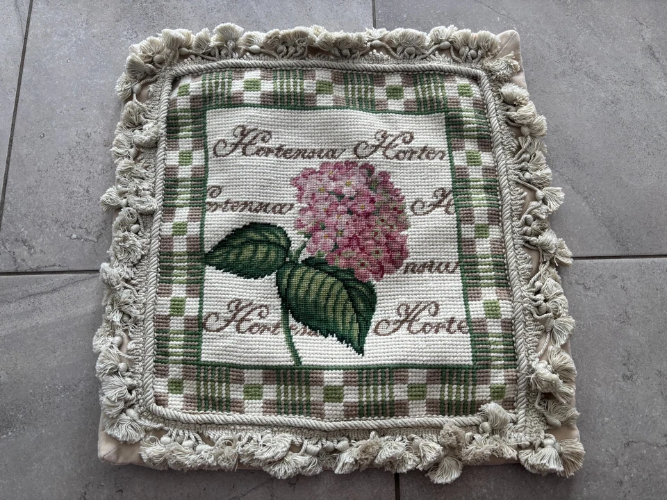 NEW Handmade Wool Needlepoint Throw Pillow Cover Hydrangea Botanical Flower 18" - Image 1 of 4