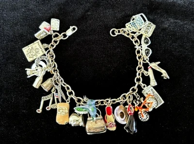 Pulseira Berloque Vintage Esterlina 925 Esmalte HOBBY FASHION 20 Berloques 7" L - 55,7G - Imagem 1 de 4