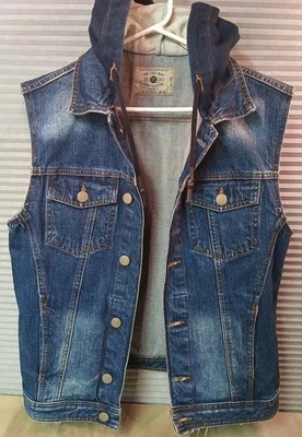 Chaleco Hombre Zara MEDIANO Azul Blanco Jean Denim Colección Lavado Ácido Abrigo con Capucha Foto 1 de 4