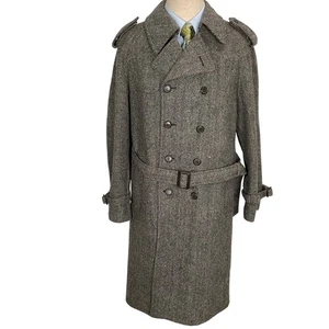 Lakeland Trench Coat Men 38 Gray Black Herringbone Wool Double Breasted Czech - Picture 1 of 12