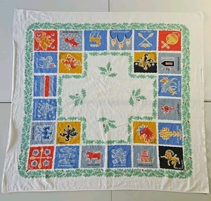 Printed Cotton Tablecloth Vtg 1940s Sweden Travel Souvenir Swedish Provinces - Picture 1 of 12