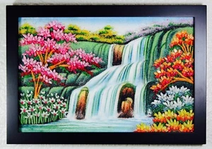 Natural Gems/Gemstone Painting of 3 Tier Waterfall,Trees,Flowers,12"x8", Gifts - Picture 1 of 1