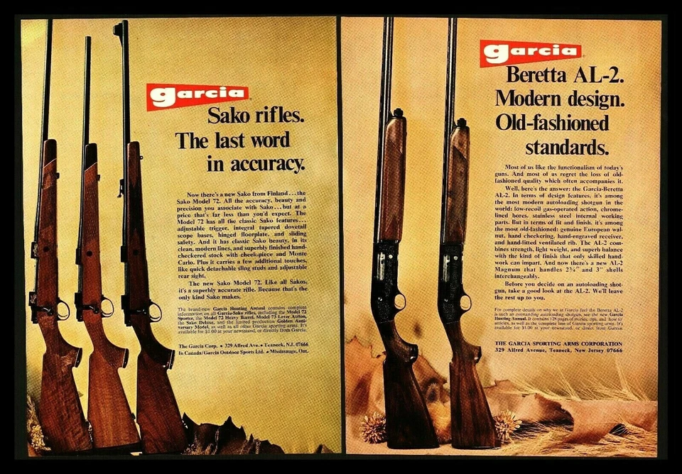 Anuncios impresos originales de escopeta Beretta y rifle de caza Sako 1973 "García" (2) Foto 1 de 1