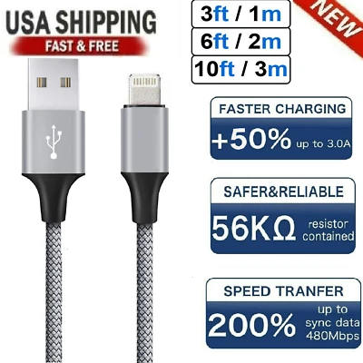 For iPhone 6 7 8 Plus iPhone 11 XR Xs Max 12 13 Charger USB Cable Cord 3/6/10FT - Image 1 of 4
