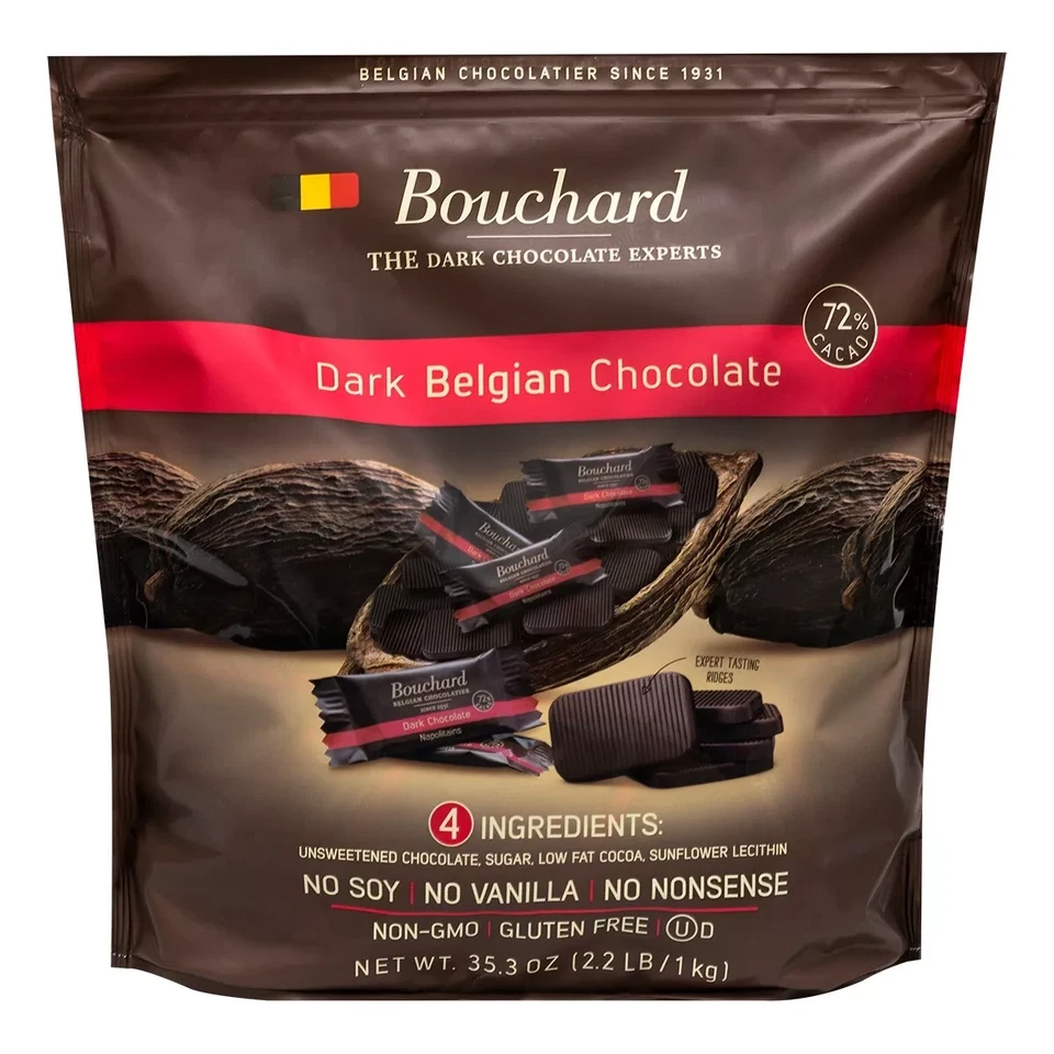 32oz Bouchard Belgian Napolitains 72 Cacao Dark Chocolate 198 Pieces 2 LB