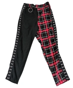 Hot Topic Pants Womens Medium Black Red Plaid Split Leg Punk Goth Flex Waist - Picture 1 of 9