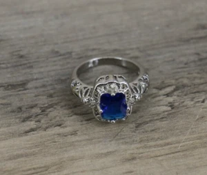 Sterling Silver Filigree Ring Blue Faceted Emerald Cut Stone Size 7.5-8 - Picture 1 of 4