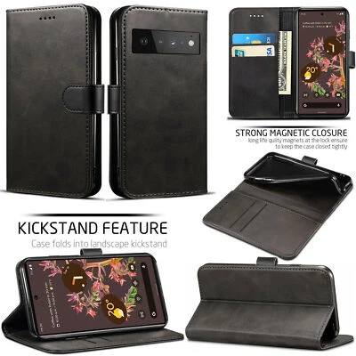 Black Real Leather Wallet stand case with card slot cover for Pixel 6A/7/8/8 Pro - Image 1 of 4