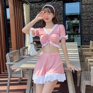 Women's 2 Piece Swimsuit Ruffle Hem Bathing Suit Short Sleeves Beach Bikini - Picture 1 of 12