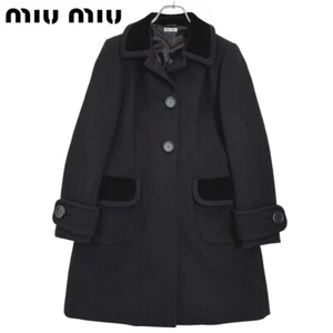 MIUMIU Long Coat Velor Switching Virgin Wool Made in Italy Black 42 - Picture 1 of 10