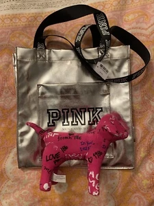 Bolso de Mano Victorias Secret ROSA Pequeño de Compras Metálico Plateado con ROSA Perro - Imagen 1 de 8