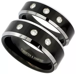 His & Her Black Tungsten Wedding Band Ring Set 3 Stone 0.28cttw Two tone 6 & 8mm - Picture 1 of 3