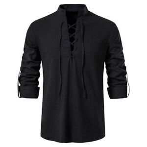 Mens Retro Gothic Steampunk Long Sleeve Lace-up Tops Stand Collar Medieval Shirt