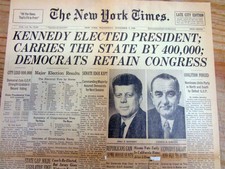 1960 NY Times newspaper Democrat JOHN F KENNEDY ELECTED US PRESIDENT over Nixon