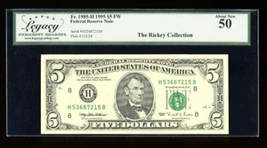 DBR 1995 $5 FRN St. Louis Fr. 1985-H Legacy AU-50 Serial H53687215B - Picture 1 of 2