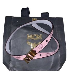 MCM 39" Authentic Visetos Reversible Leather Logo Buckle Monogram Pink Gold Gray
