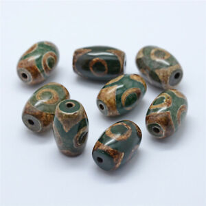 10x DarkOliveGreen Oval Dyed Natural Agate Tibetan Style dZi Beads 20~22x14~15mm