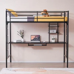 Heavy Duty Twin Size Metal Loft Bed Frame with Desk Ladder Guardrail - Picture 1 of 9
