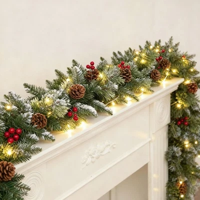 TKOOFN 9ft Christmas Garland with Pinecone LED Lights Stairs Xmas Party Home Decoration