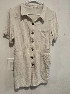 Linen Altar’d State Tan Cotton Blend Romper Pockets Large Beach Coastal Cute - Picture 1 of 10