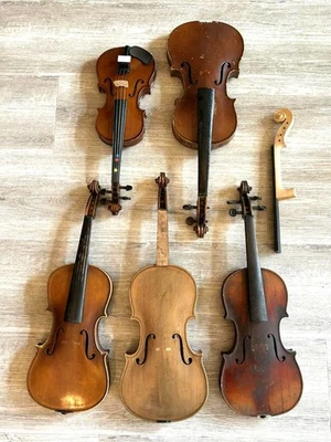 Lot of 5 Vintage Violins + 1 Extra Violin Neck - For Restoration - Image 1 of 2