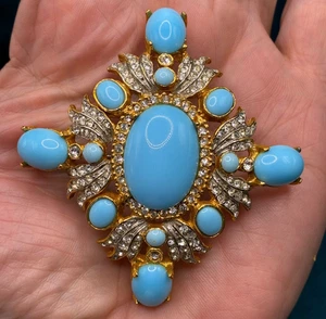Vintage KJL Brooch Faux Turquoise Crystal Gold Tone 2 1/2" READ - Bild 1 von 5