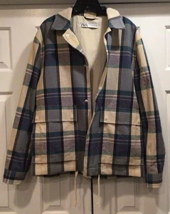 Zara Plaid Jacket Men L Snap Front Drawstring Multi-Pocket Barn Grandpa Core - Picture 1 of 23