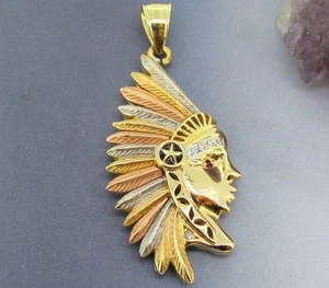14k Yellow/White/Rose Gold Tri-Tone Indian Chief Pendant Ruby Eye & Diamonds - Picture 1 of 4