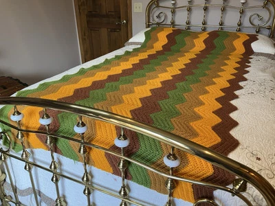 Vtg Crochet Afghan Blanket Chevron Zig Zag Approx 41x76 Orange Brown Green - Image 1 of 4