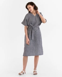 NEW Magic Linen V Neck Dress Chania Black White Gingham XS NWT - Picture 1 of 10